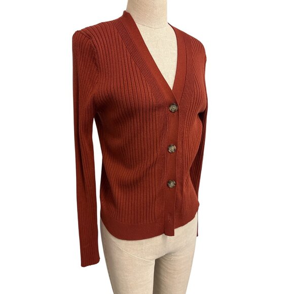 Loft Womens Rust Ribbed Button-Up Cardigan Sweater Size L - Picture 2 of 10